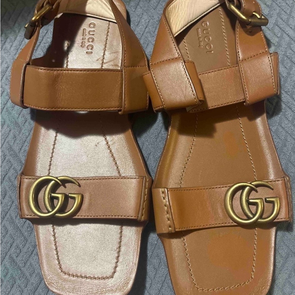 RARE SET Gucci Marmont Tan Leather Flat Sandals Size 39 / US 9 + Rainbow Dustbag - Picture 6 of 15